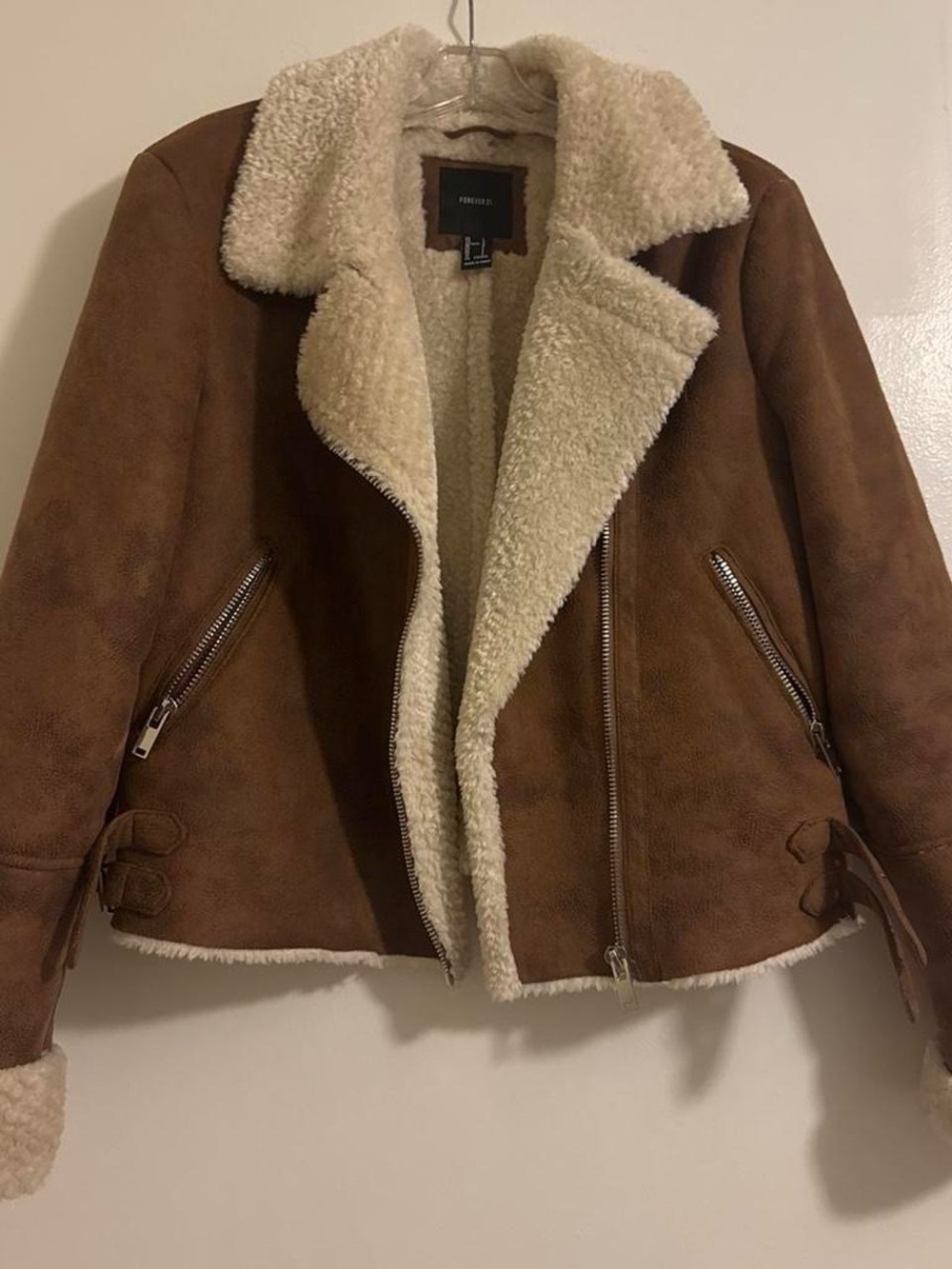 Forever 21 Brown Faux Suede Teddy Jacket with Cream Sherpa Trim
